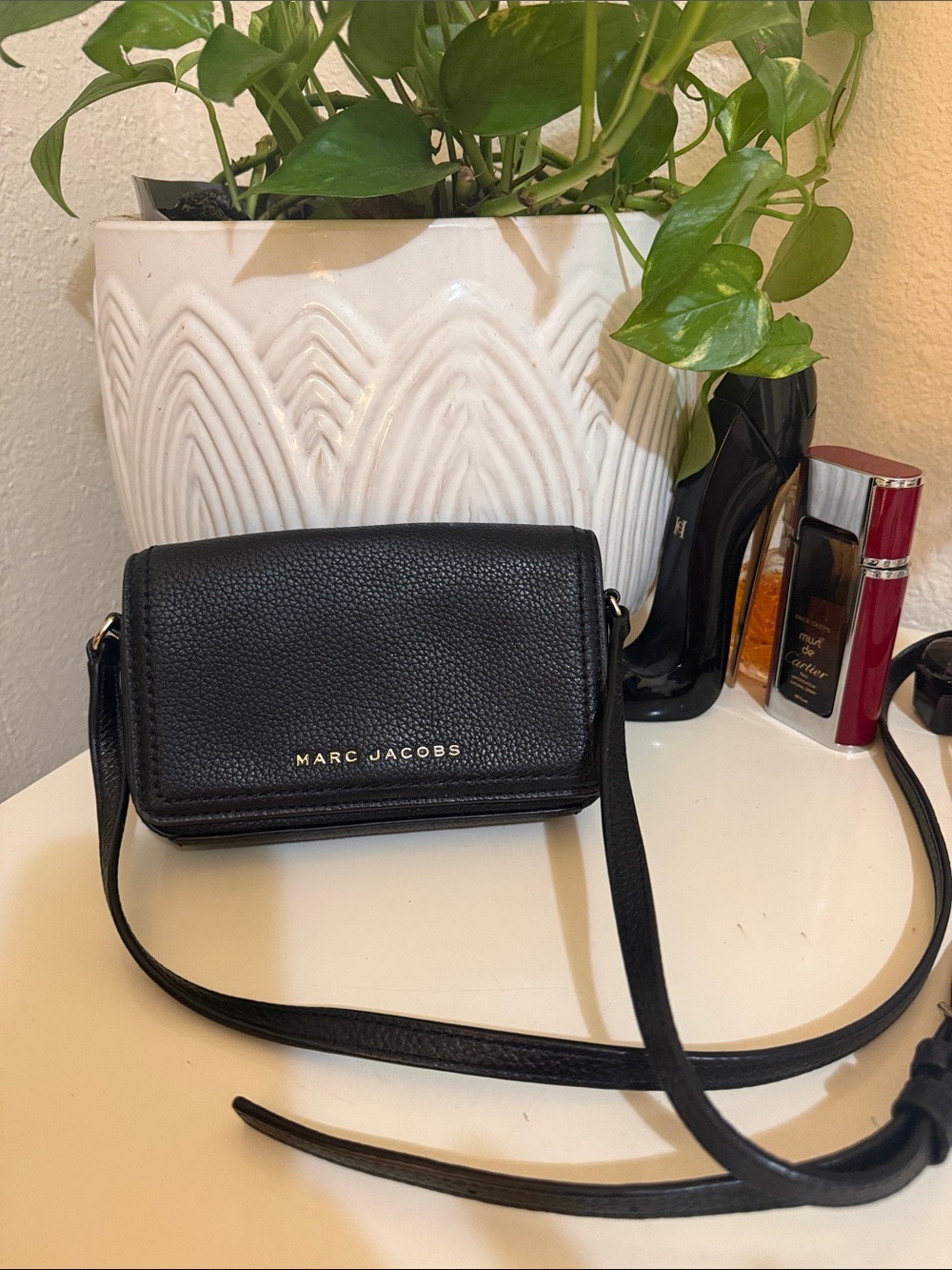 Marc Jacobs Black Pebbled Leather Crossbody with Gold Logo